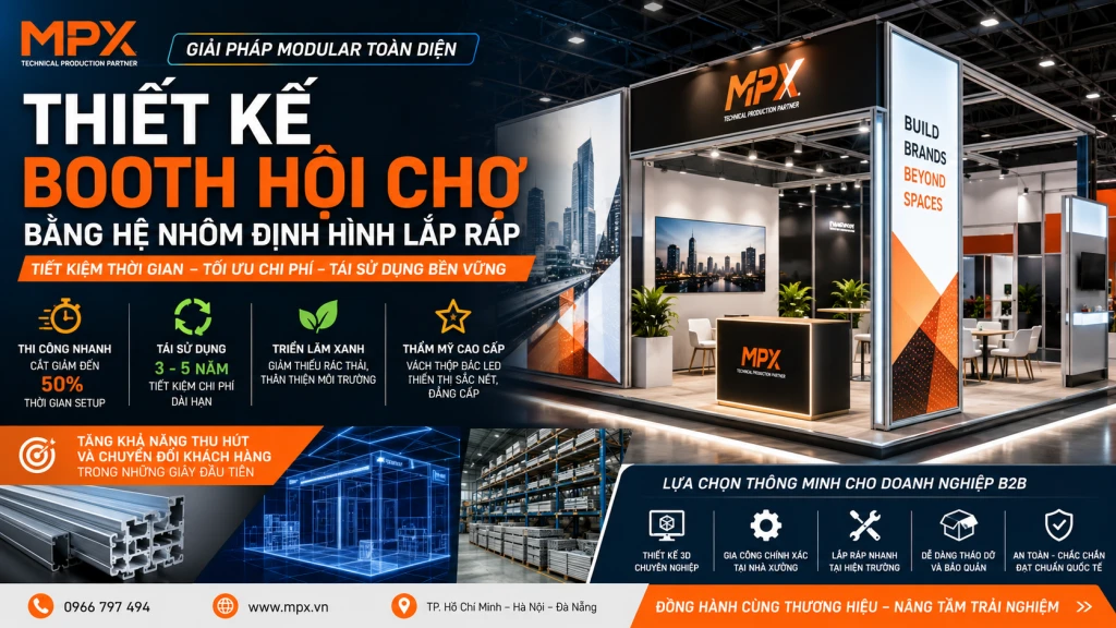 Thiết Kế Booth Hội Chợ Modular Bằng Nhôm Định Hình Chuẩn Quốc Tế
